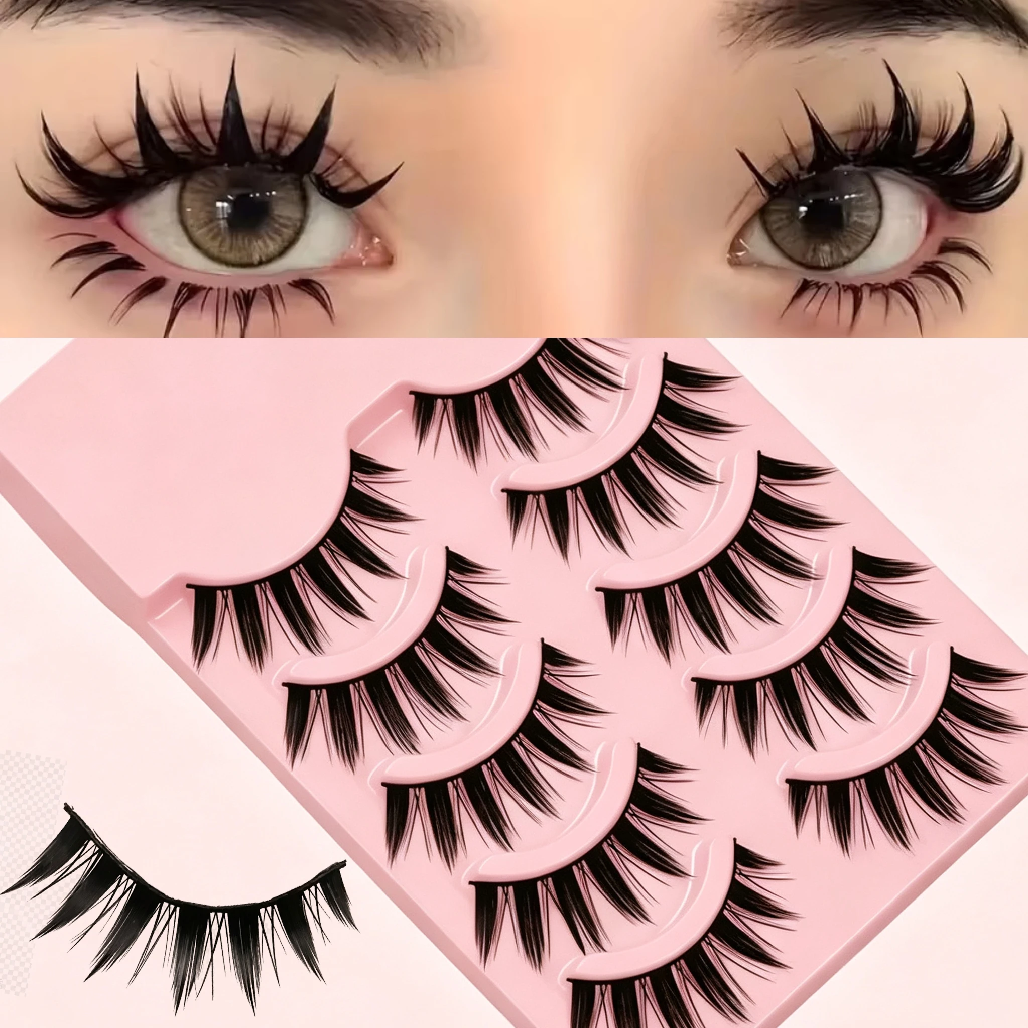 5 Paar Manga Spiky Fairy Falsche Wimpern im Anime-Katzenaugen-Stil, zarte Kunstwimpern mit weichem Band, wiederverwendbares Augen-Make-up-Tool für Frauen – Detail 1