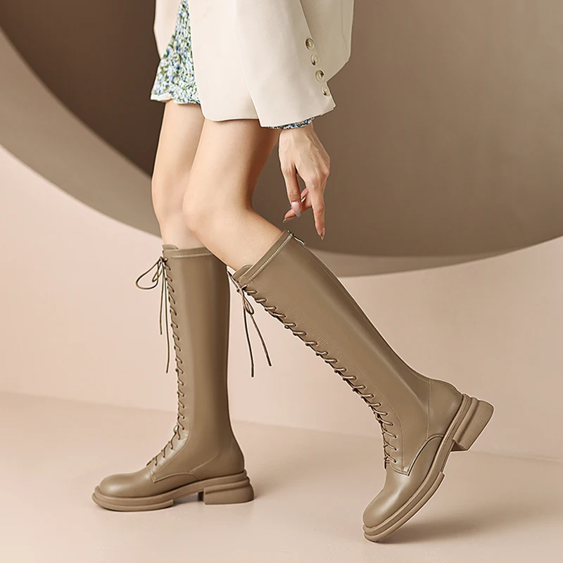 TAOFFEN 2023 New Arrival Women Knee Boots Real Leather Winter Women\'S Shoes Daily Lace Up Long Boot Ladies Footwear Size 34-42