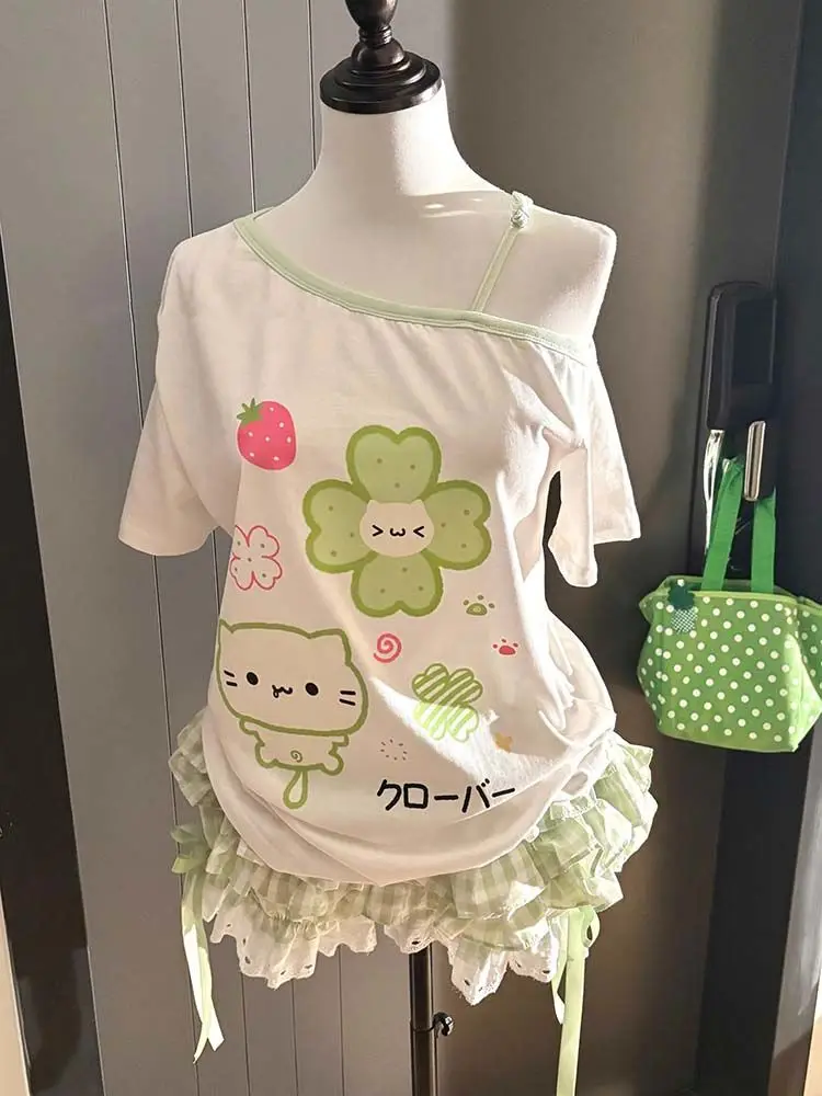 Sweet Kawaii Vintage Women Elegant Tees Tops Y2K Clothing Gothic Streetwear Subculture T Shirt Tees Summer Japanese Fashion