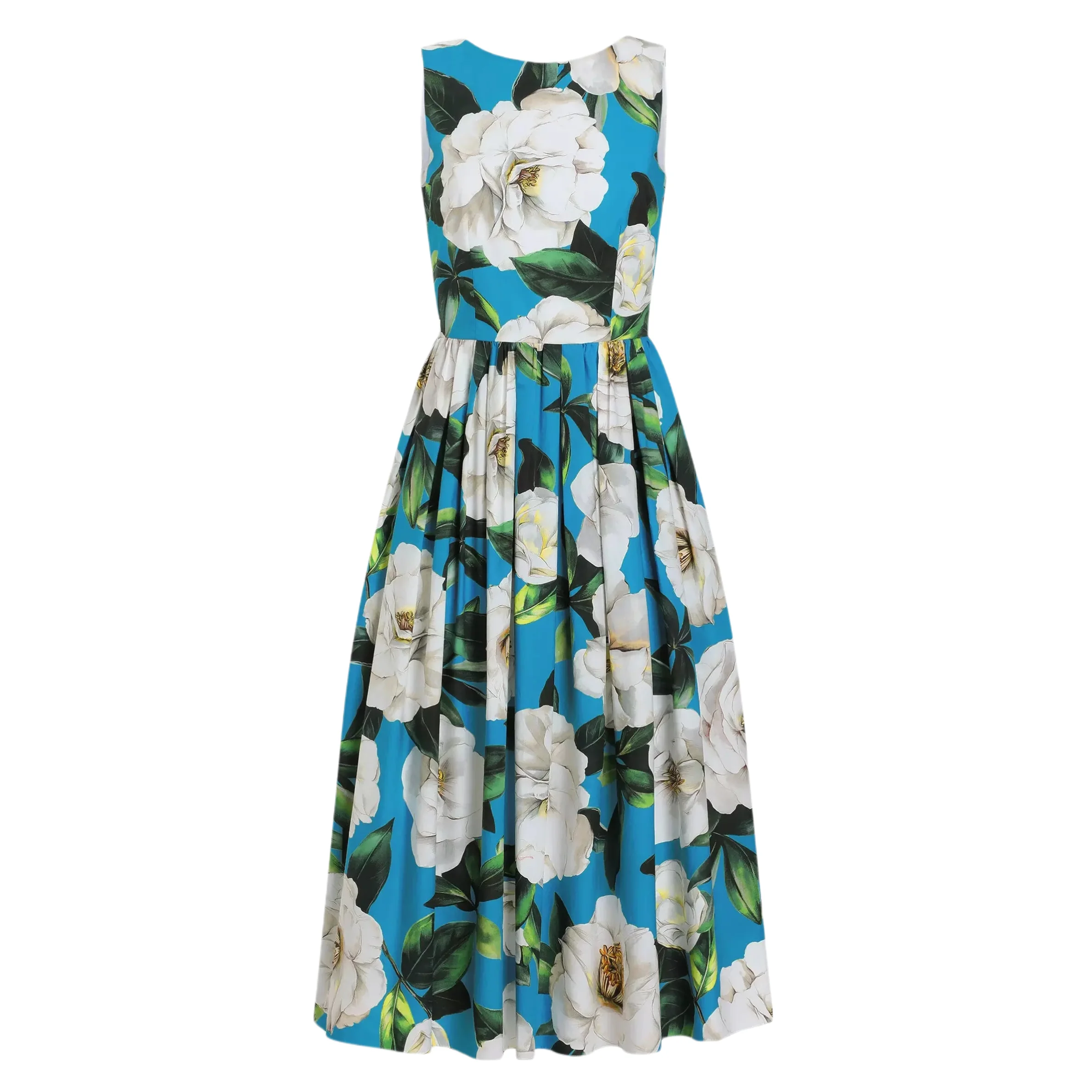 

Summer Floral Print Cotton Midi Dress Women's Fit and Flare Sleeveless Blue & White Elegant High Quality Casual Beach Party 2025