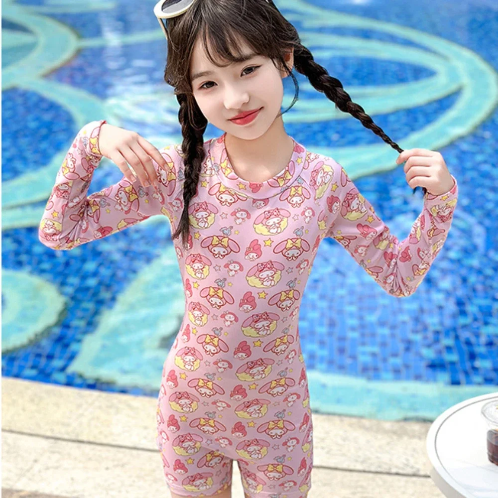 Kawaii My Melody Kid One-piece Swimsuit Sanrio Anime Girl Fashion 2024 New Summer Bathing Suit Long Sleeve Swimwear