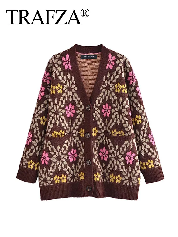 

TRAFZA Autumn Coats Woman Trendy Brown Print V-Neck Long Sleeves Pockets Single Breasted Female Vintage Loose Cardigans