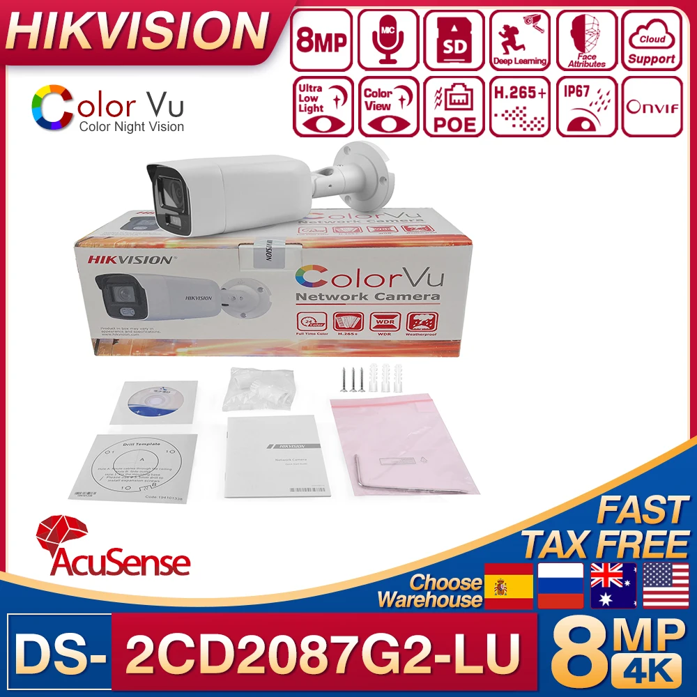 Original Hikvision 4K 8MP ColorVu IP Camera DS-2CD2087G2-LU Microphone Video Surveillance Full Color H.265+ AcuSense PoE Network