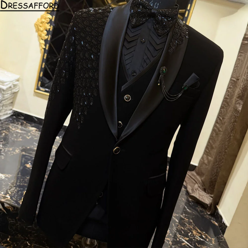 남성용 고급 웨딩 정장, 신랑 예복 턱시도, 수제 블랙 비즈 라펠 블레이저 세트, 공식 프롬 파티 2피스 드레스 2025