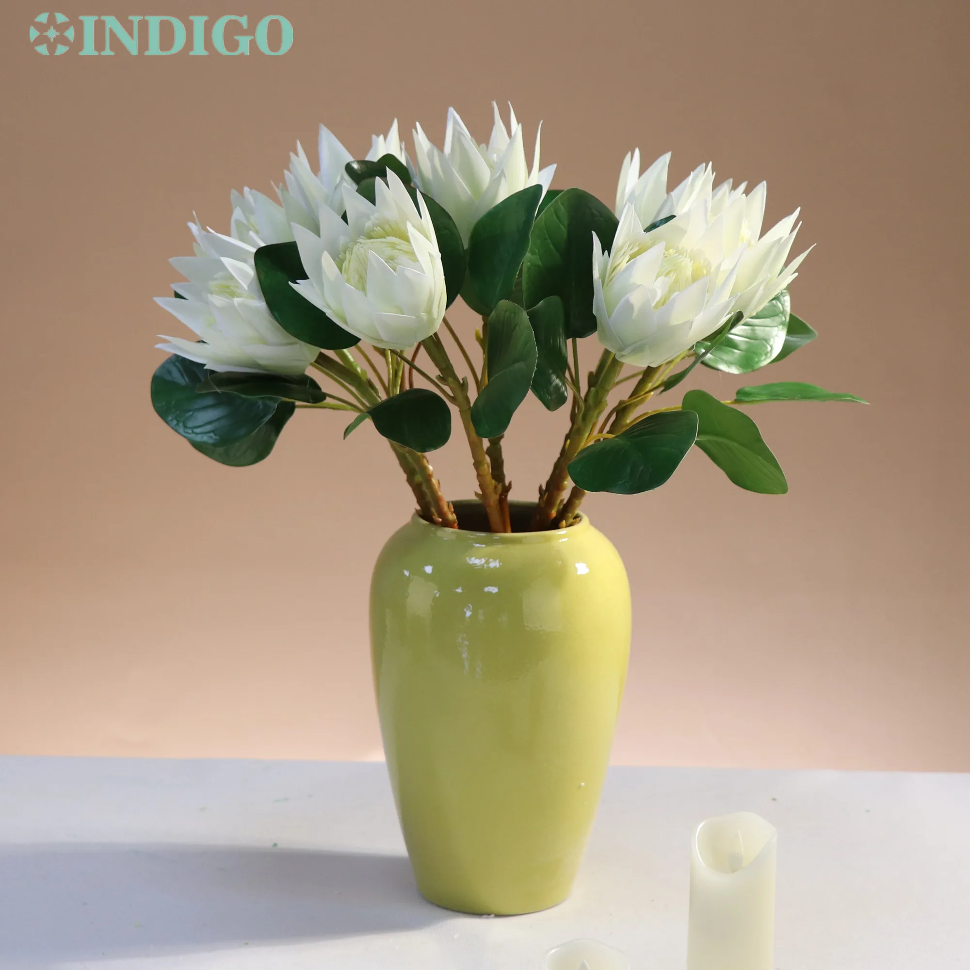 

INDIGO-White Protea Artificial Flower, Cynaroides, Real Touch, Wedding Party Event, Shopwindown Decoration, 53cm