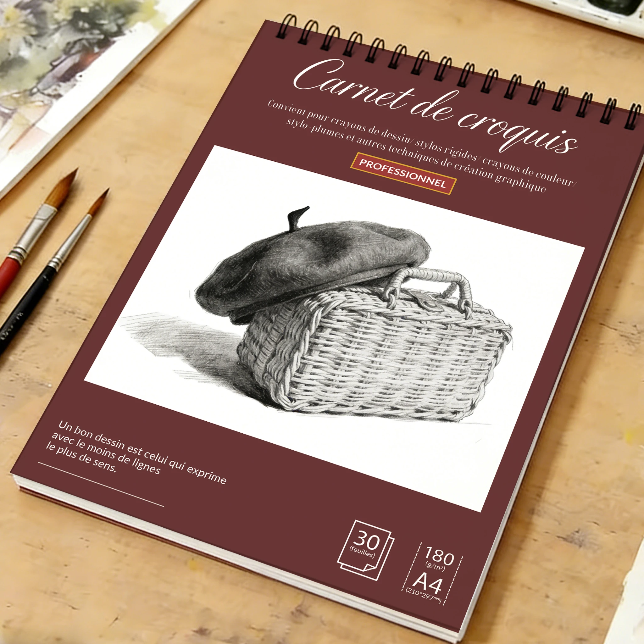 

Альбом для рисования и акварели на спирали формата А4/А5, бумага плотностью 180 г/м², 30 листов, обложка с изображением берета и корзины, идеально подходит для