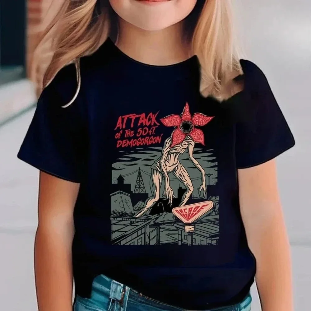 Kinder-T-Shirt im Stranger-Stil für Jungen und Mädchen, Retro-Cartoon-Druck, kurzärmeliges Oberteil, „Good Demodog“-Grafik-T-Shirt, Sommer-Baumwollkleidung – Detail 8