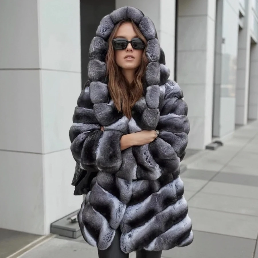 معطف فرو نسائي من فراء شينشيلا معطف فرو أرنب ريكس حقيقي مع غطاء محرك السيارة سترة فرو نسائية شتوية فاخرة