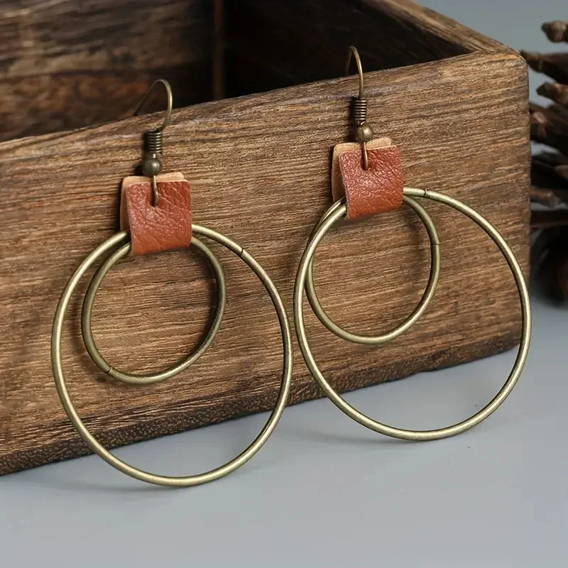 Ethnic Antique Bronze Double Circle Earrings Vintage Personality Leather Dangle Earrings for Women Jewelry