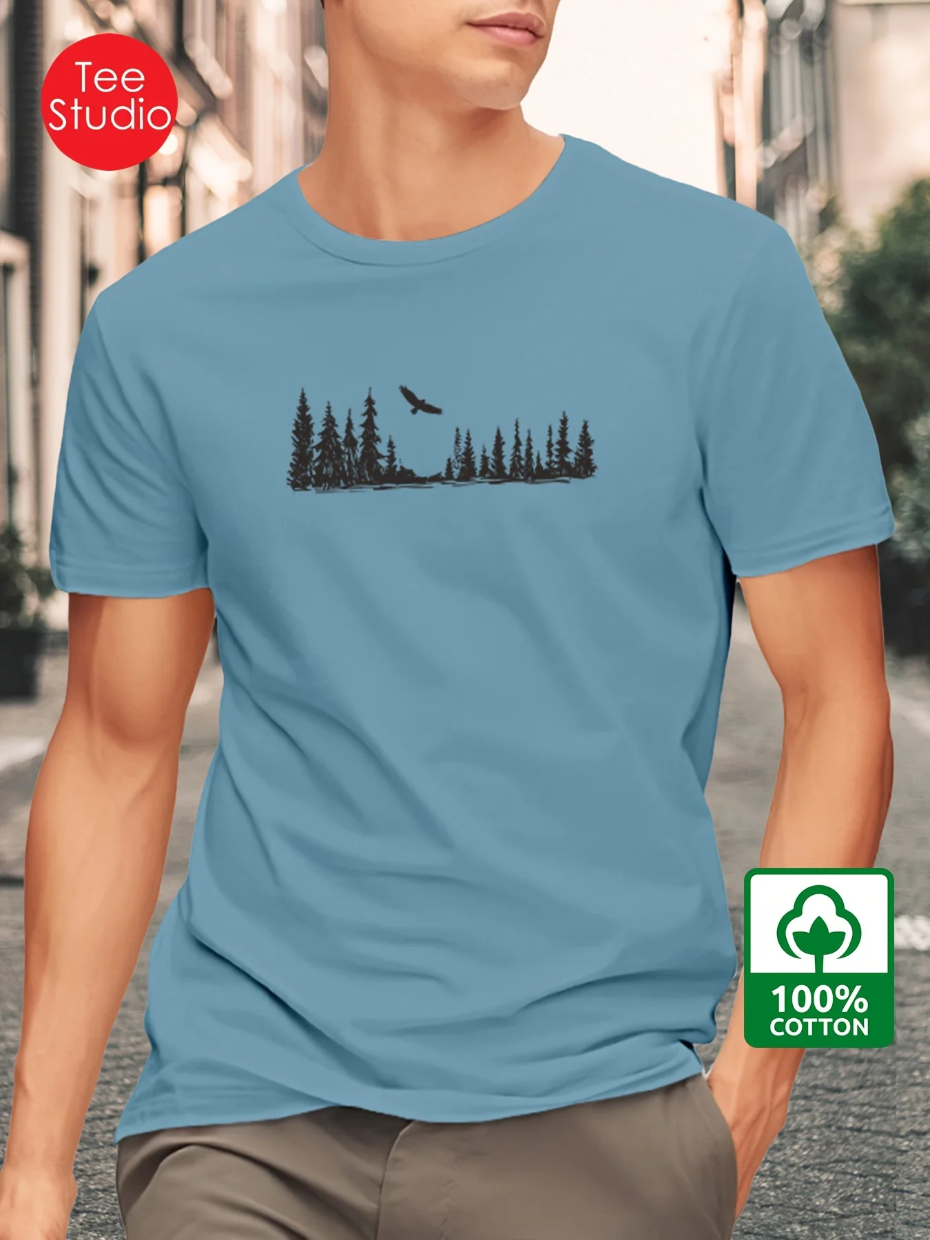 Camiseta de verano 100% de algodón puro para hombre, informal y a la moda, holgada, con estampado de bosque, transpirable, de cuello redondo y manga corta.
