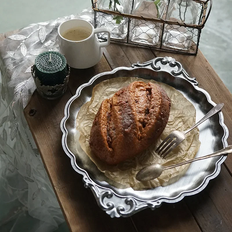 Retro Gold Silver Storage Tray Vintage Bread Dessert Plate Storage Organizer Living Room Decorative Tray For Fruit Cakes