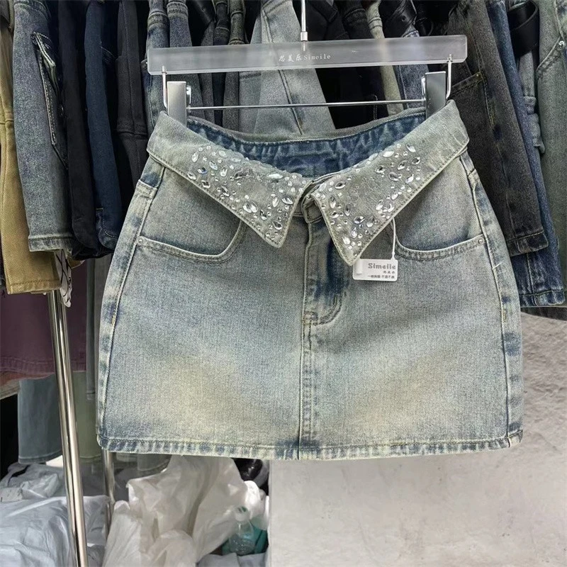 Cool Lapel Rhinestones Short Jean Skirt for Women 2024 Summer New Hot Girl Diamond High Waist Light Blue Denim A-Line Skirts