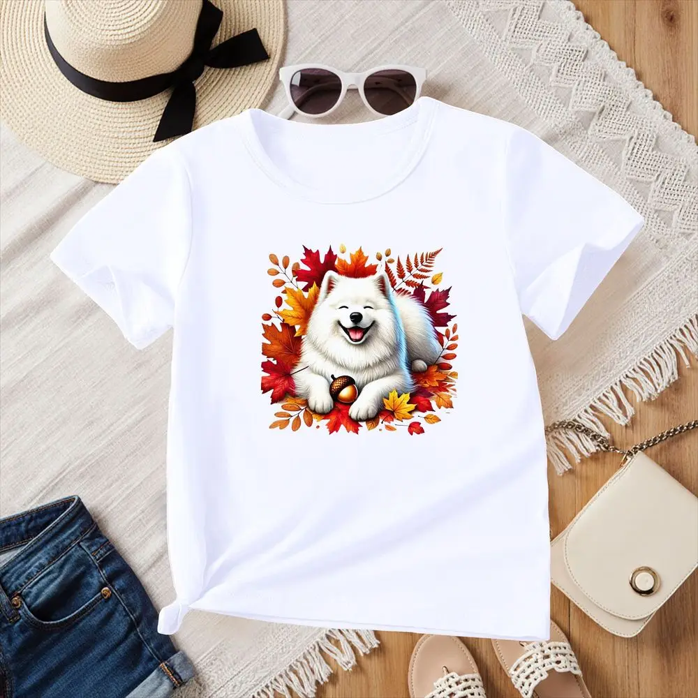 Cute Samoyed Dog Autumn Leaves Graphic T-Shirt Women Short Sleeve Cutecore Clothing Summer Fall Casual Free Clothing Clearance