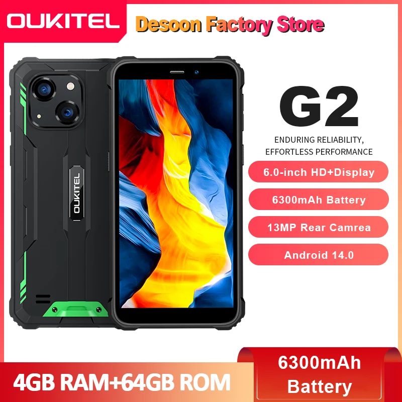 OUKITEL G2 Rugged Smartphone 13MP Camera 6300mAh Battery Cell Phone 4GB RAM 64GB ROM T606 NFC Mobile Phone