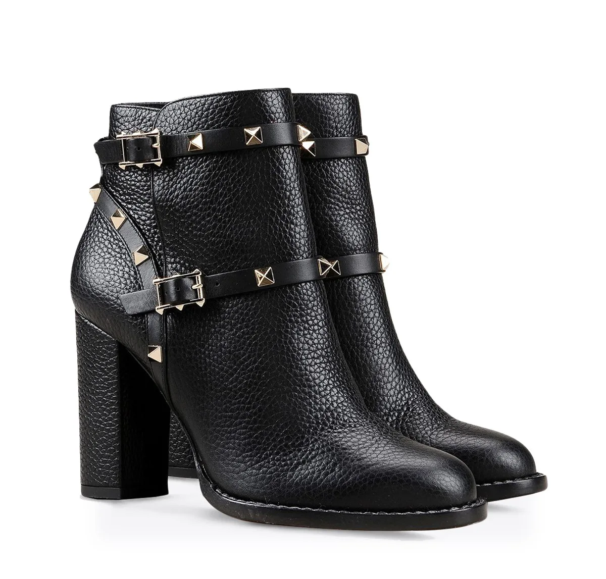 

Black Leather Rivets Ankle Boots Women's Thick Heeled High Heel Platform Short Boots Metal Buckle Rivets