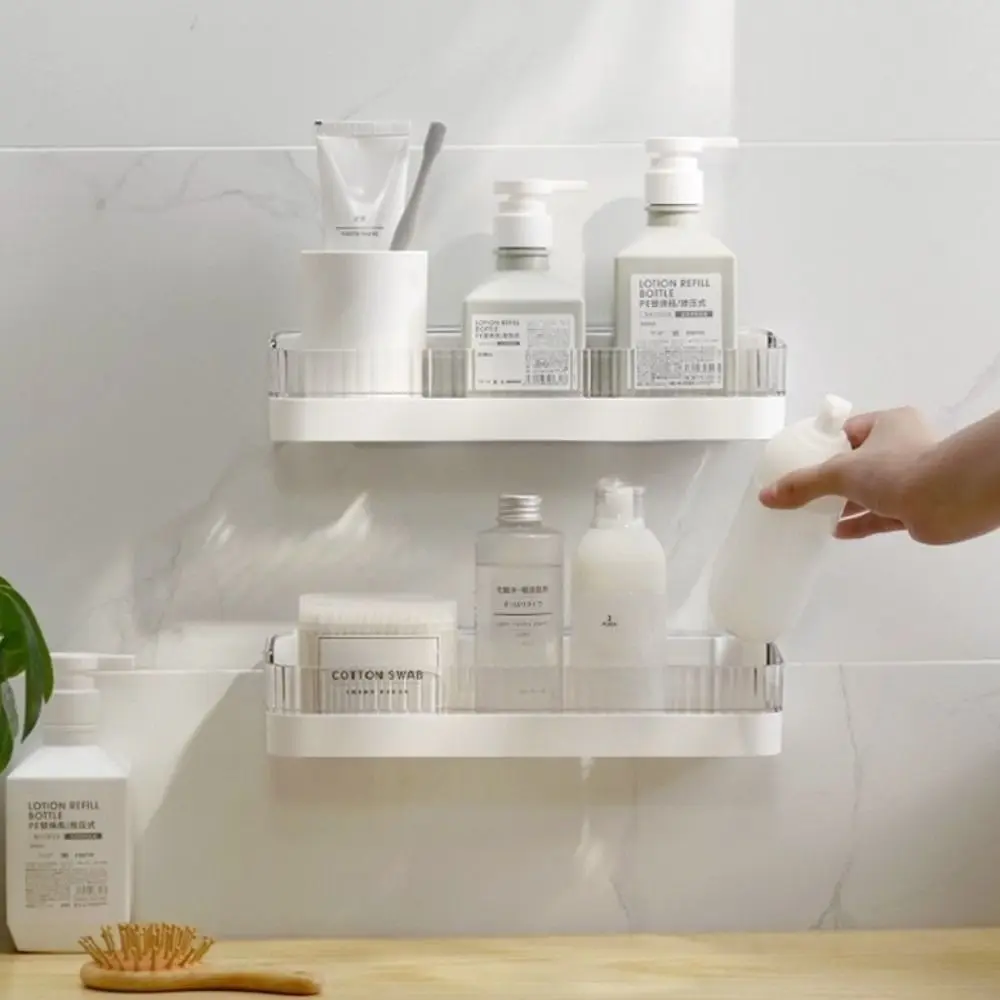 

Wall Mounted Bathroom Storage Rack Plastic No Nail Toiletries Holder Rustproof Space Saving Bathroom Shelf for Shampoo