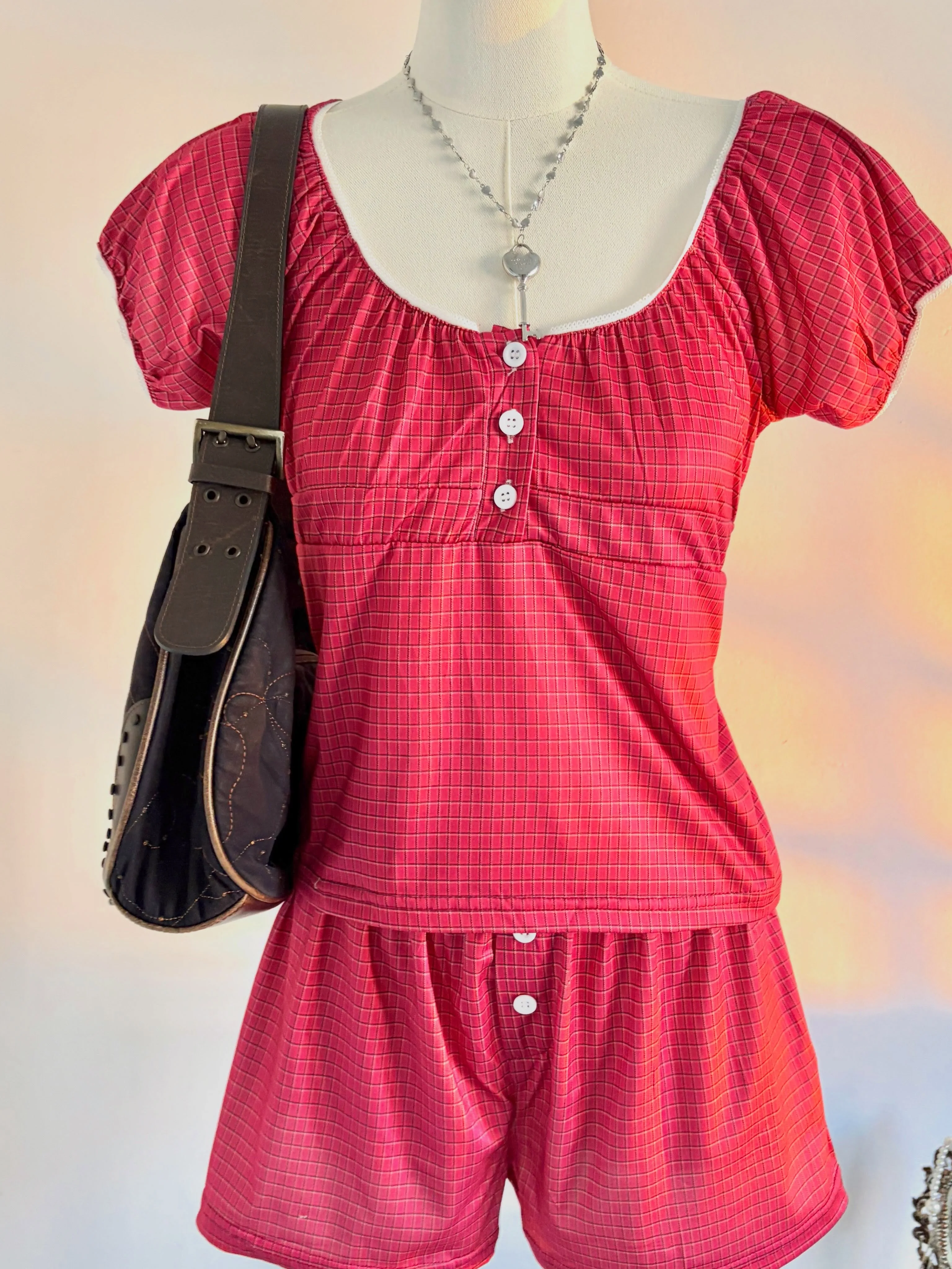 Vintage Red Plaid Puff Sleeve Square Neck Two Piece Set Women Button Decor Crop Top High Waist Shorts Y2K Coquette Casual Outfit