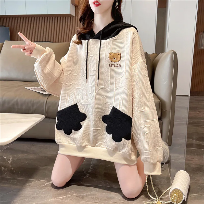 Chic Spring  Autumn Thin Hooded Sweatshirt Women Fashion Cartoon Bear Pullover Hoodies Long Sleeve Loose Pull Tops Female