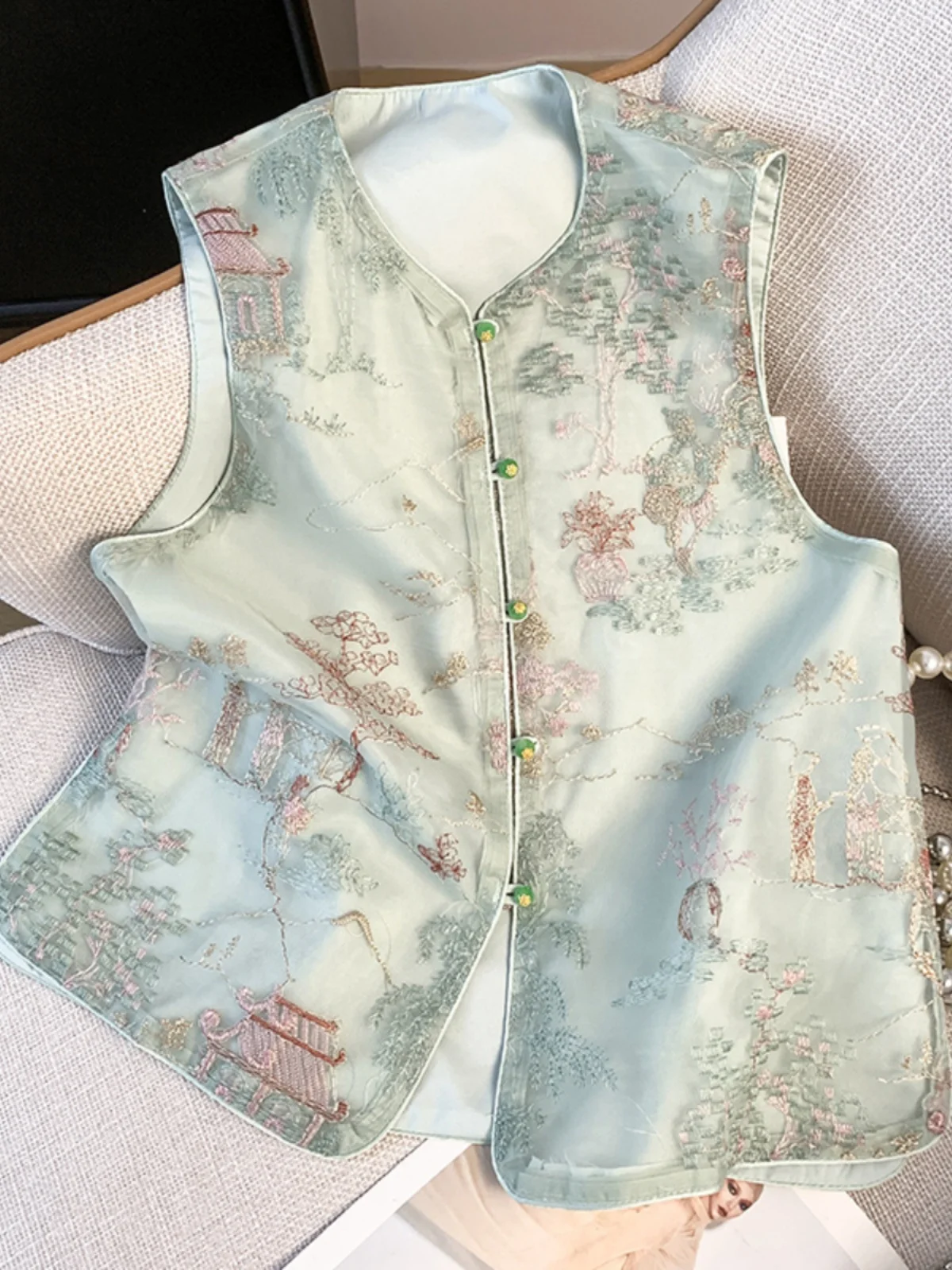 

Новый женский жилет с тяжелой вышивкой в китайском стиле, весна 2025 г., усовершенствованный многослойный костюм Тан, топ с подушечкой на плечах