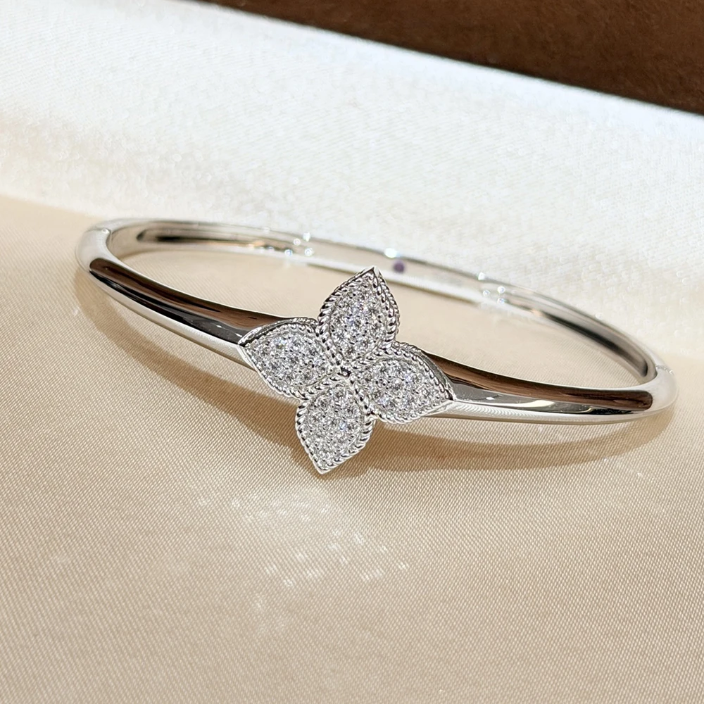 Trendy Real 925 Sterling Silver Bracelets For Women Anniversary Gift Clover Flower Design 5a Zircon Bangle Luxury Fine Jewelry