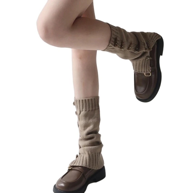 Vintage Slouch Loose Flared Leg Warmers Japanese Y2K Women Horn Toggle Button Knitted Long Socks Split Leg Cover Sleeve