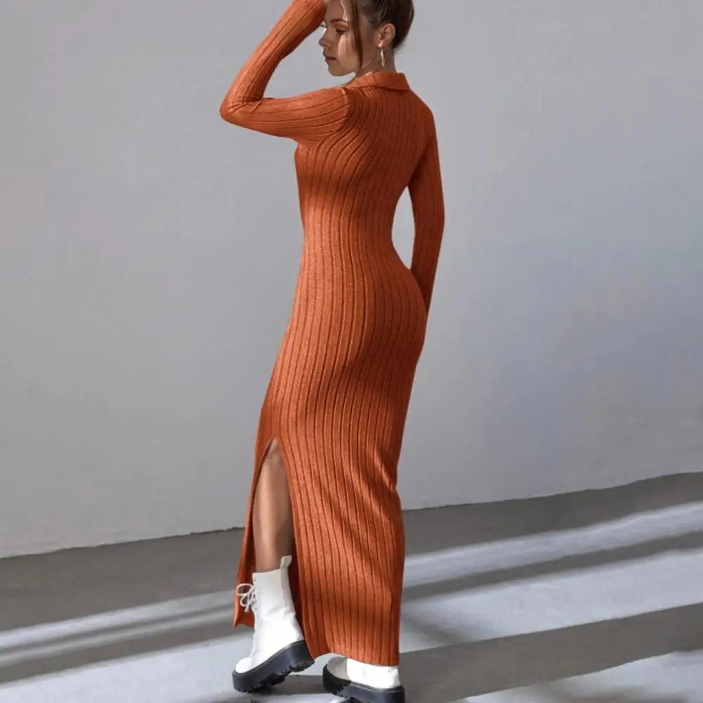 Spring Autumn Knitted Dress Women V Neck Slit Hem Thread Slim Sweater Dress Long Sleeves Maxi Dress Long Party