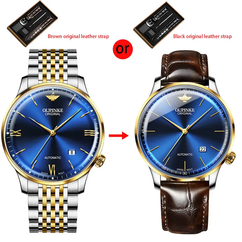 OUPINKE Ultra Thin 7.3mm Automatic Watch for Men Swiss Movement Sapphire Crystal Business Dress Wrist Watch Original Luxury