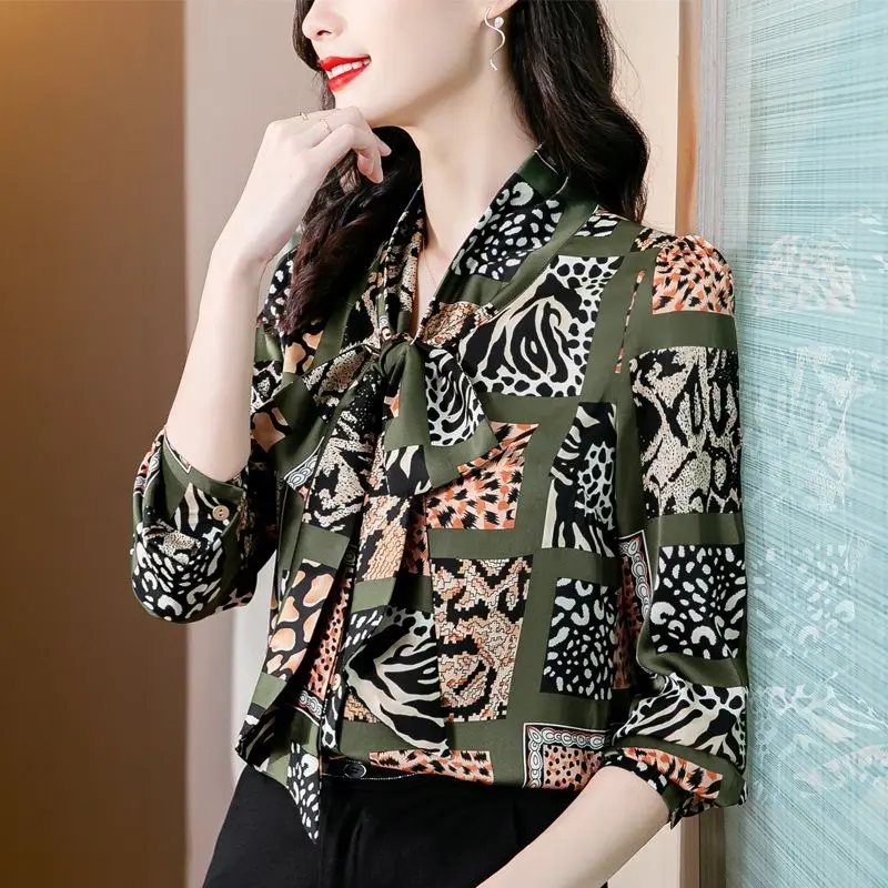 Fashion Leopard Printed Bow Lace Up Elegant Chic Office Lady Button Up Shirts Casual Long Sleeve Commute Top Blouse Women Blusas