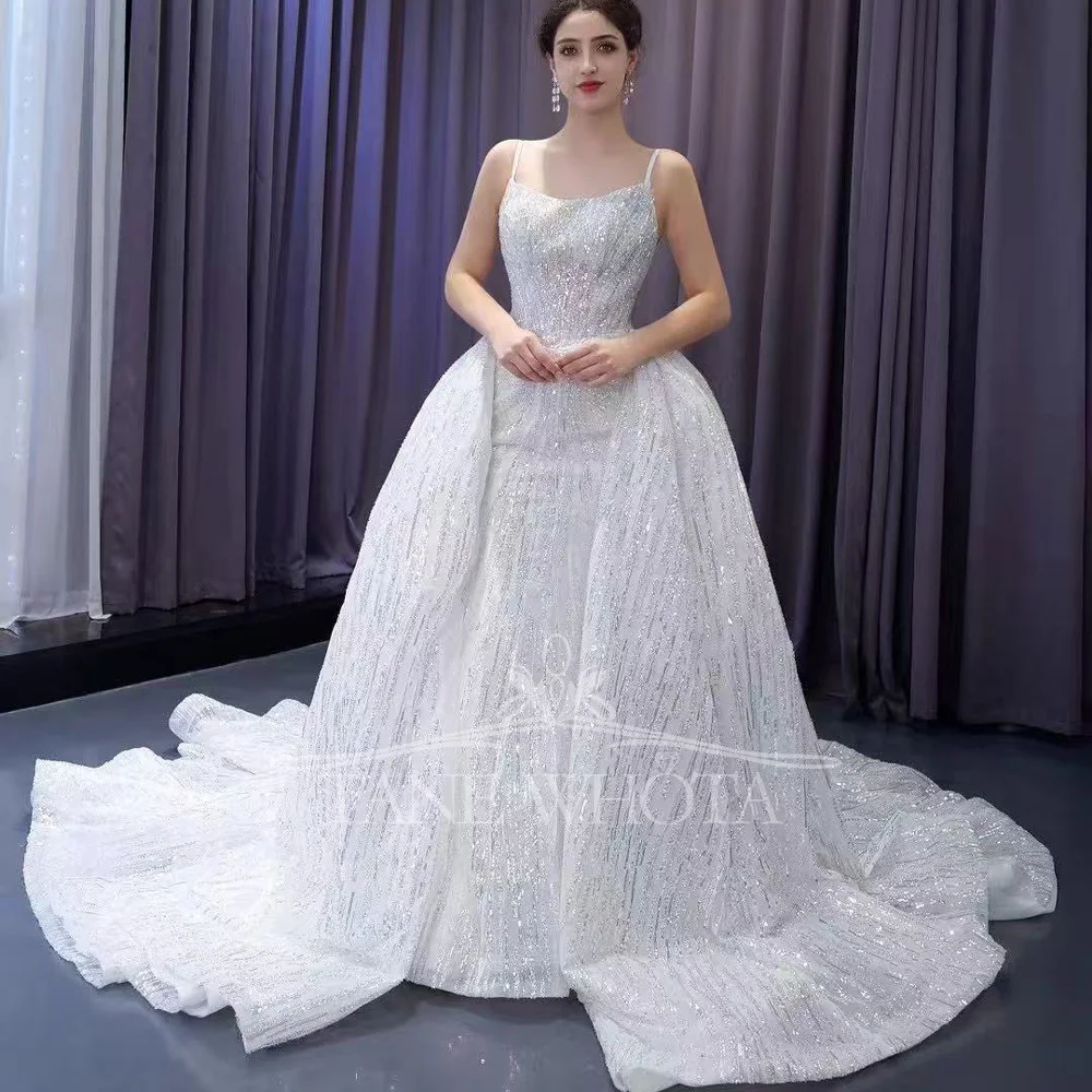 Customizable Women's Spaghetti Strap Wedding Dress Lace-Up Back Sequined Detachable Train Sheath Style