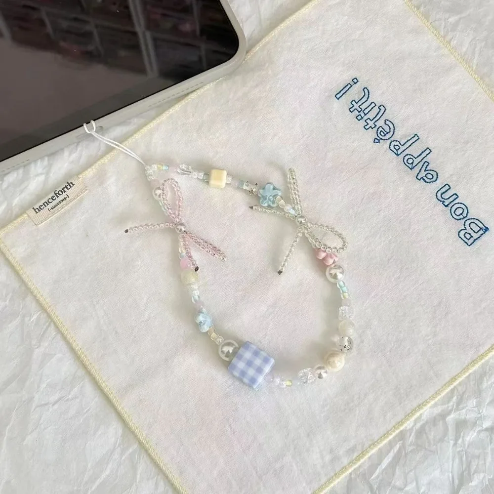 Instagram Style Girl's Blue Pink Flower Bow Phone Case Chain, CCD Camera Decoration Hanging Rope with Anti-Release Lifting Rope
