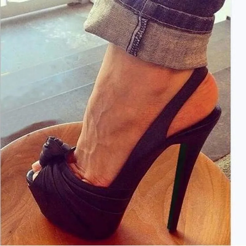 

Modern Pleated Knot Peep Toe Slingback Pumps Black Leather Thin Heels Spring Autumn Female Platform outside shoes