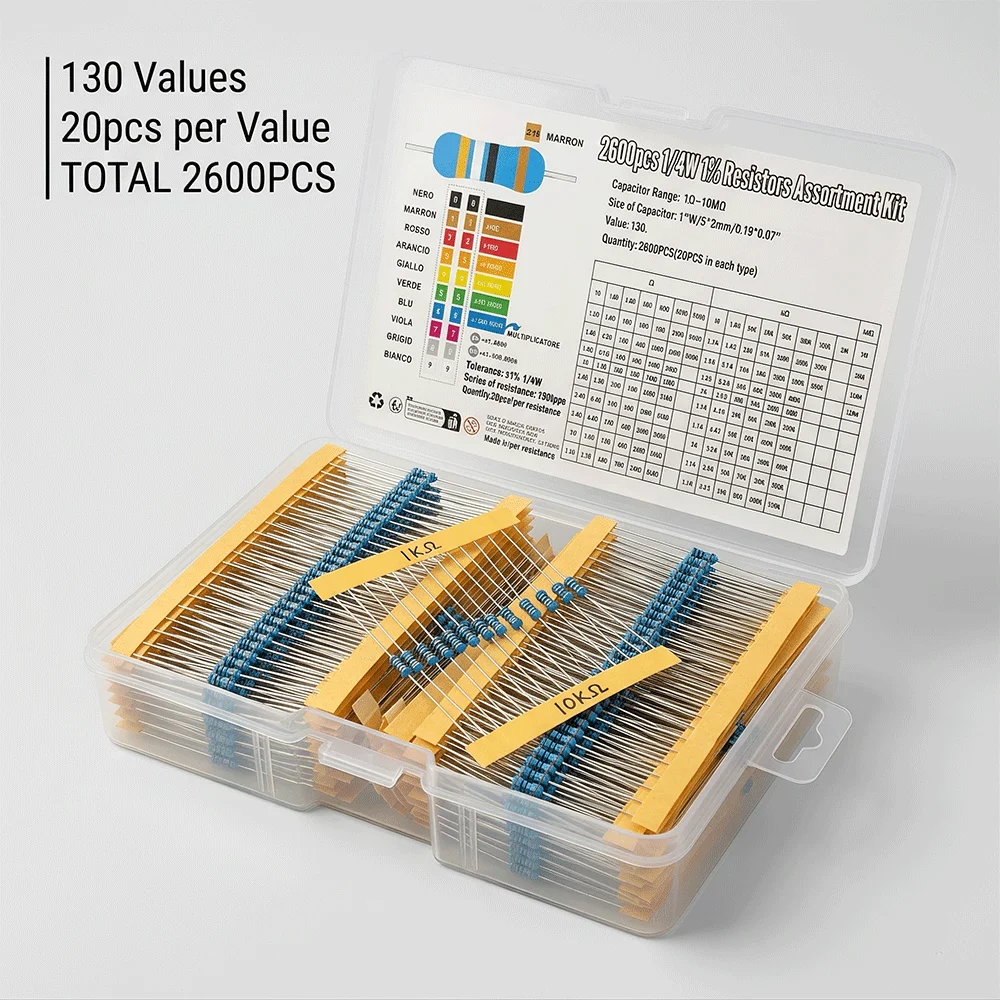 2600pcs/lot 130 Values 1/4W 0.25W 1% Metal Film Resistors Assorted Pack Kit Set Lot Resistors Assortment Kits Fixed resistor