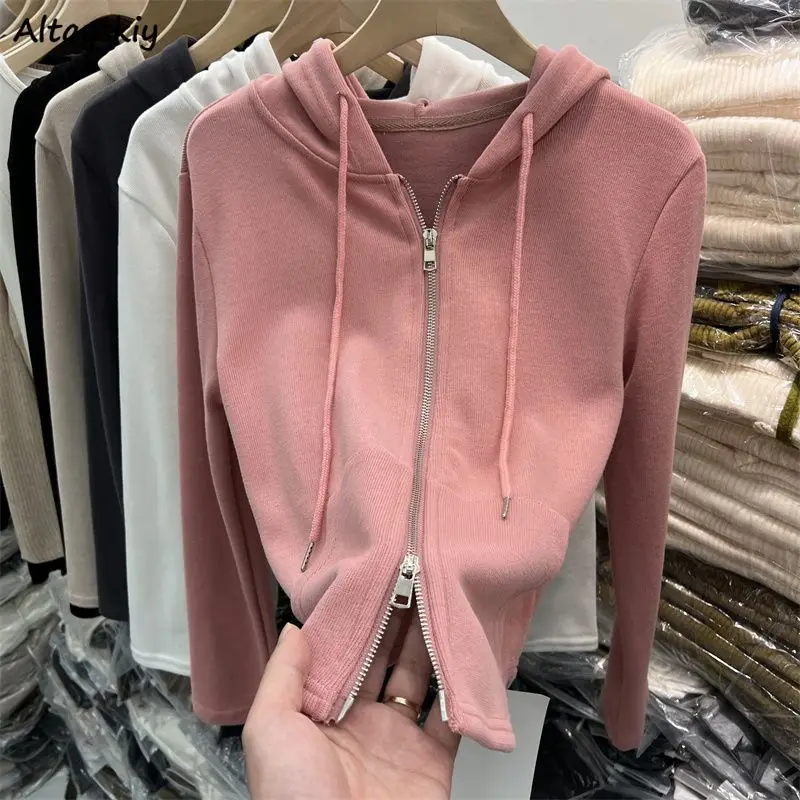 Hooded Hoodies Women Double-zippers Lace-up Solid Long Sleeve Casual Sweatshirts Spring New Tops Tender All-match Simple Fashion