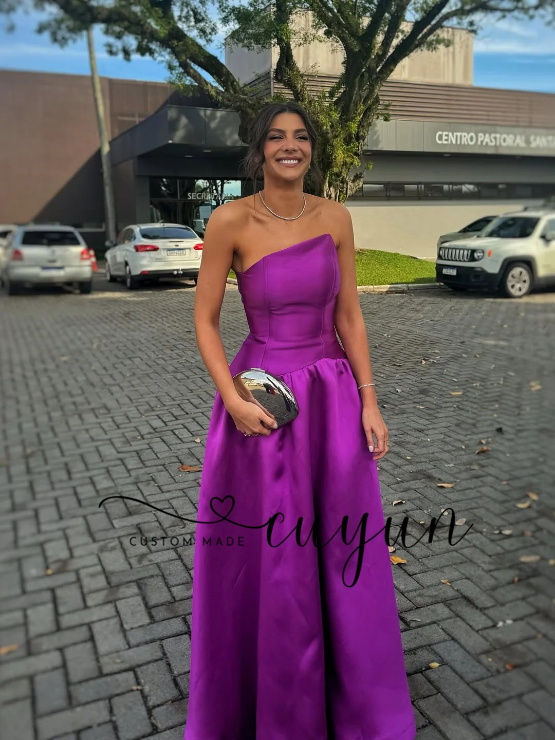 CUYUN Sukienki wieczorowe damskie na zamówienie, satynowe, w kolorze fuksji, bez ramiączek, o kroju litery A, do ziemi, na studniówkę, przyjęcie, kolację, vestidos de fiesta