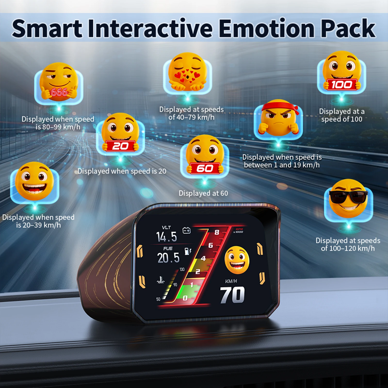 Hot Smart Interactive Emotion Pack Car OBD2 HUD RGB Ambient Lighting Digital Speedometer Turbo Pressure Multi-function & Alarms