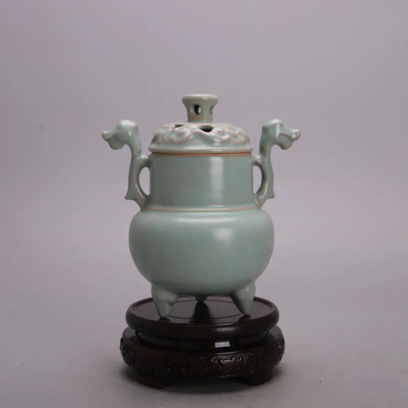 Chinese Song Dynasty Ru Kiln Iron Body Celadon Glaze Double Dragon Zun Incense Burner Home Decor Collection