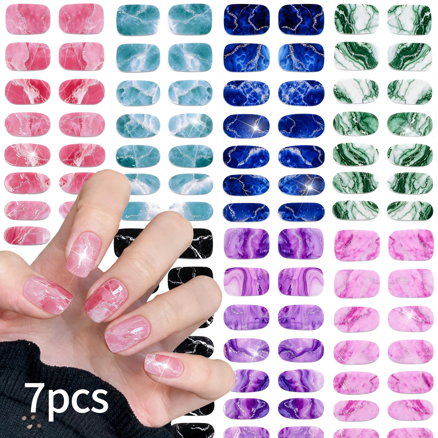 7Pcs/Set Full Cover Nail Stickers Marble Texture Shimmer Silver Streak Self‑Adhesive Nail Art Wraps For Girls Casual Daily Wear*