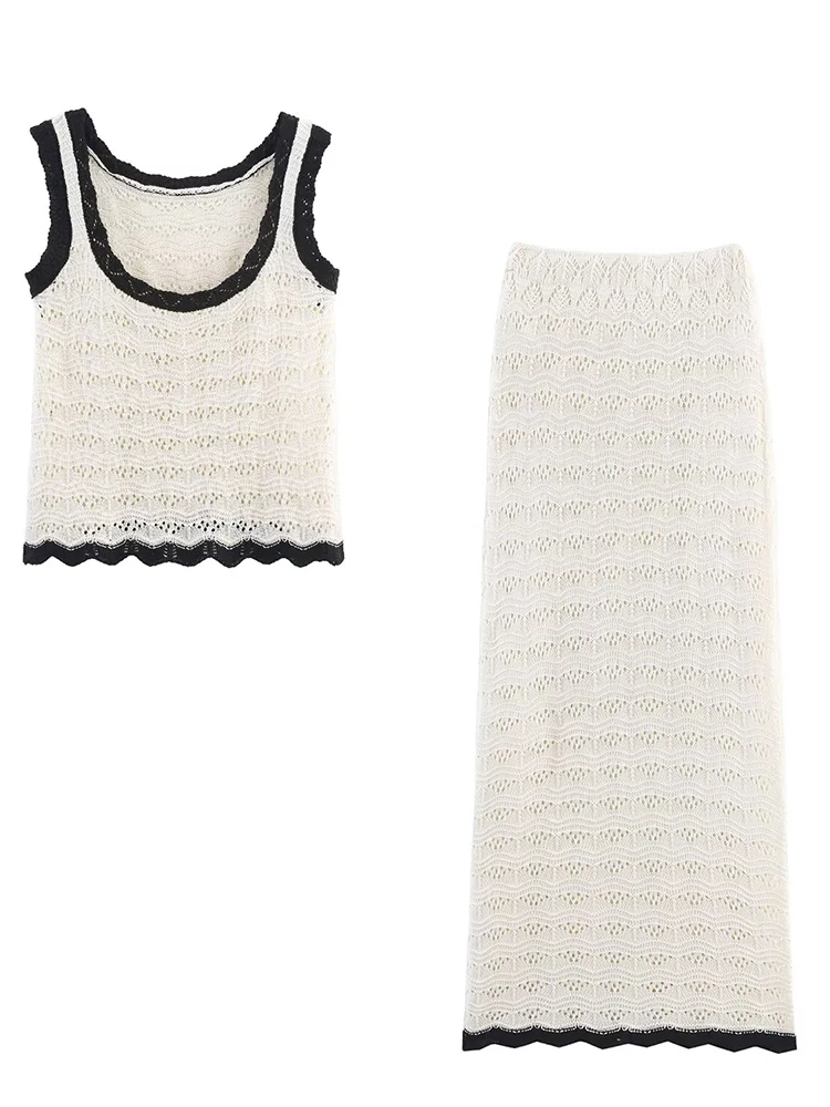 

European style new women's fashion contrast color hollow hook flower camisole vest high waist drape knitted hip skirt suit