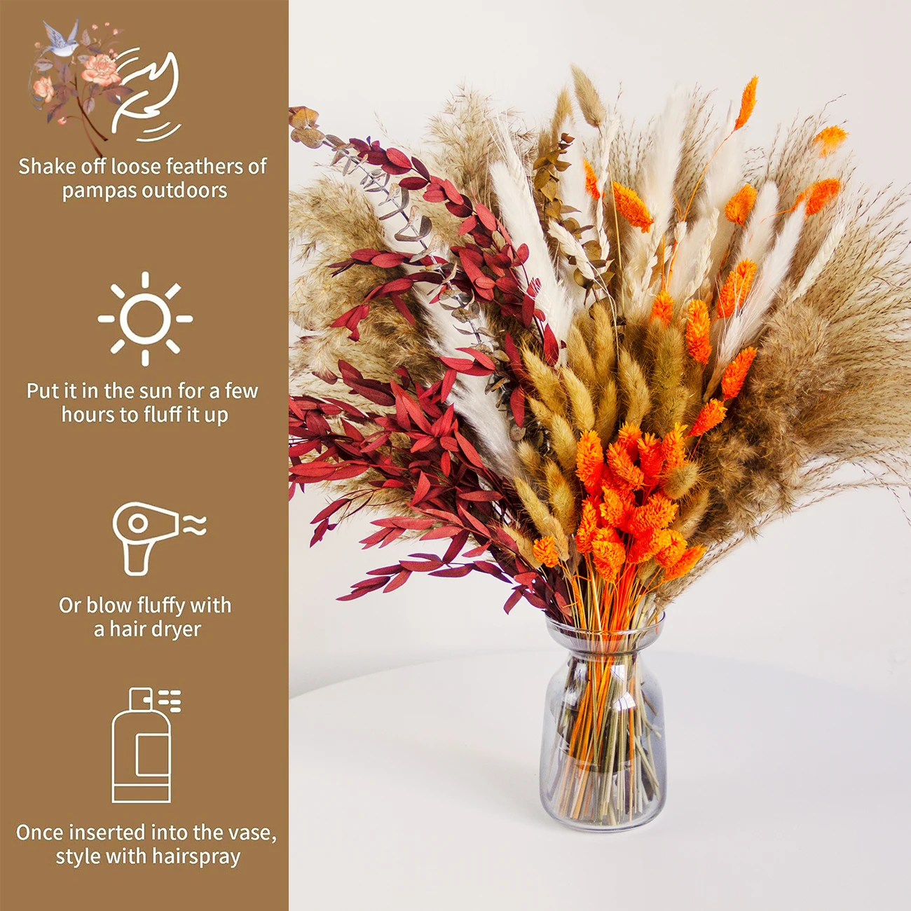 89 Uds. Mazzo de Pampas de cola de zorra flores secas naturales decoración de otoño para el Interior del hogar mesa florero arreglo de ramo de eucalipto