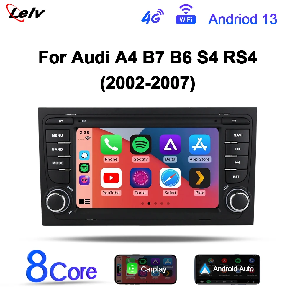 LELV 7” CarPlay Android 13 Car Radio for Audi A4 B6 B7 B8 S4 RS4 Seat Exeo Portable Touch Screen Multimedia Player Head Unit