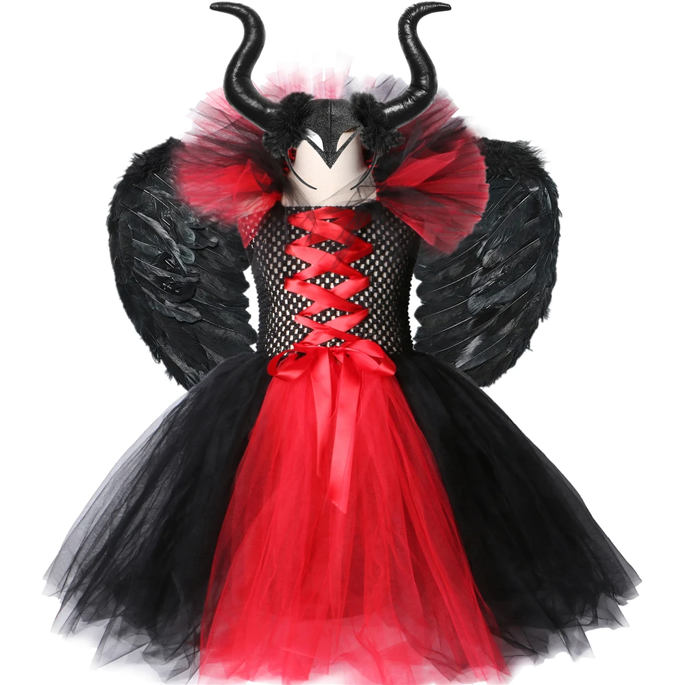 แม่มดแวมไพร์เครื่องแต่งกายวันฮาโลวีนสำหรับเด็ก Carnival Party เสื้อผ้าสีแดงสีดำ Evil Queen Monster เครื่องแต่งกายสำหรับชุดแฟนซี Tutu ชุด