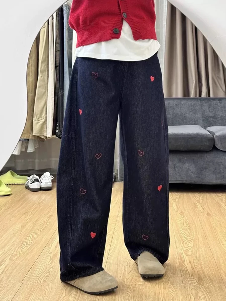 

Джинсовые брюки большого размера в стиле ретро с вышивкой в виде сердца, широкие джинсы с высокой талией, женские весенне-осенние большие размеры, свободный крой для похудения