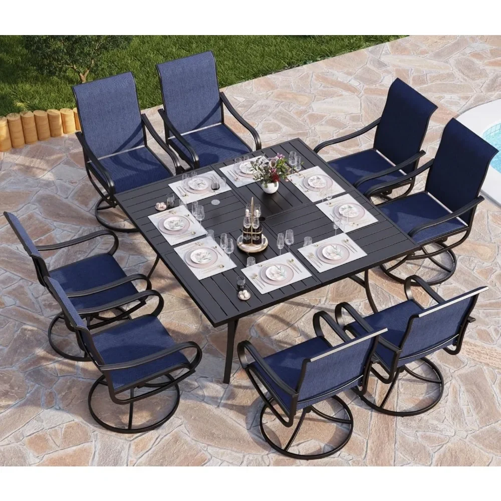 

9 Piece Outdoor Patio Dining Set, Large Square Metal Dining Table and 8 Outdoor Swivel Dining Chairs, Patio Table