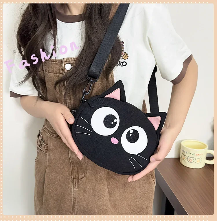 Cute big eyes little black cat cartoon crossbody bag female ins girls small shoulder bag women mobile phone bag