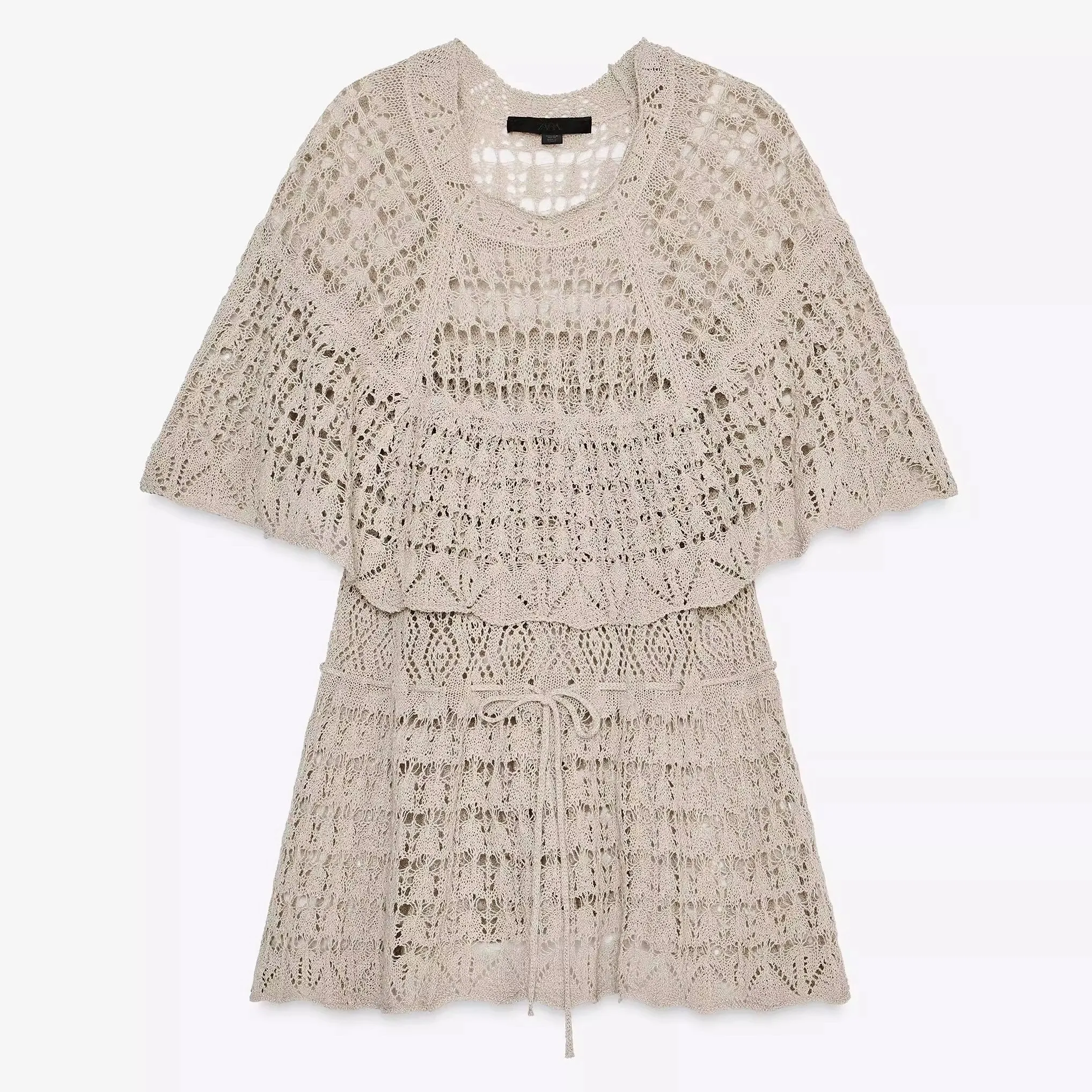 Vestido de Verão 2025 Novo Estilo Americano F com Decote Redondo, Manga Curta, Camada Superior de Malha, Decoração em ...