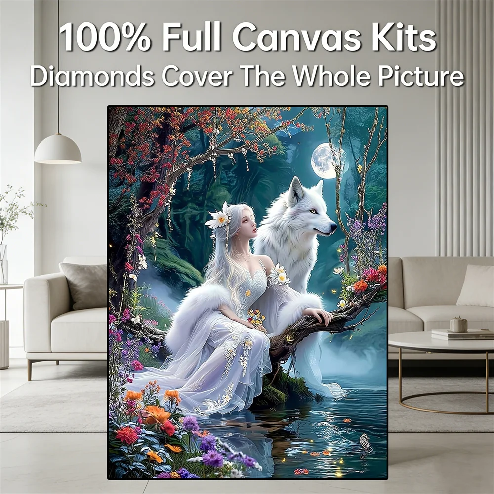 AZQSD Diamond Painting Neues Mädchen-Wolf-Porträt, Strass-Bilder, handgefertigtes Diamant-Mosaik, Waldtier, Wandkunst für Zuhause