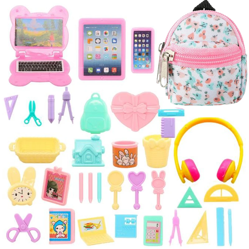 11.5 inch Doll School Accessories Backpack Bag with Zipper=1 Backpack+3 Computers+1 Earphone+31 Accessories For 11.5 Inch Doll