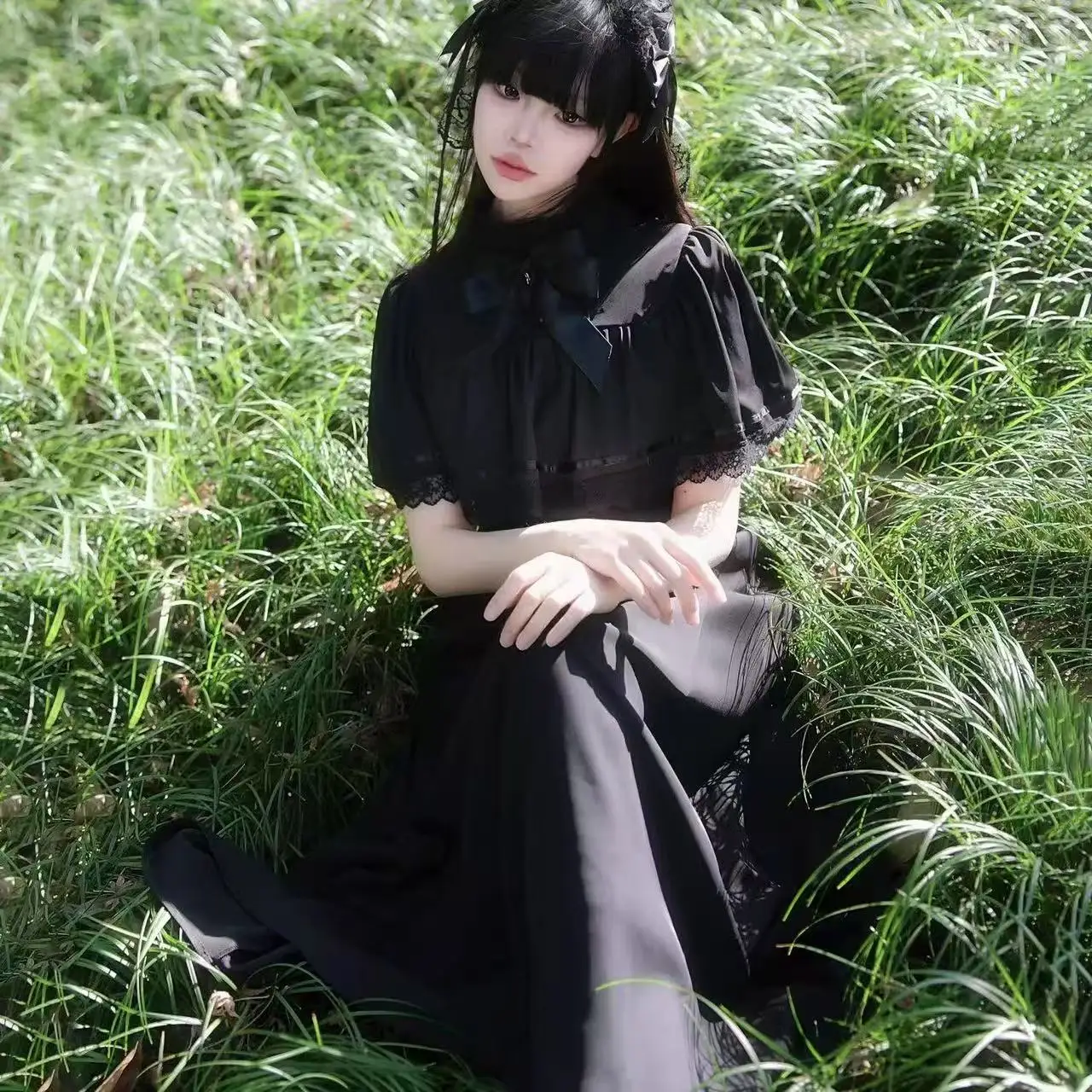 Vestidos góticos ajustados de Lolita con agradable arco para Mujer Y2k, vestido de encaje de manga corta para Mujer, Vestidos de cintura alta, Vestidos elegantes Vintage de calle alta