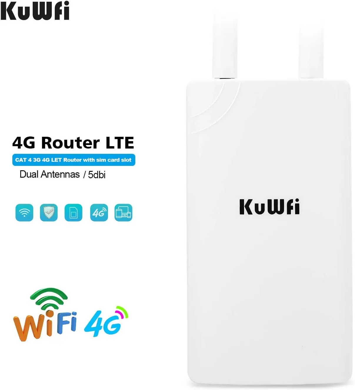 KuWFi Outdoor 4G LTE  WiFi Router CAT4 300Mbps Wireless Router with Sim Card Waterproof Home Hotspot RJ45 WAN LAN WIFI Coverage