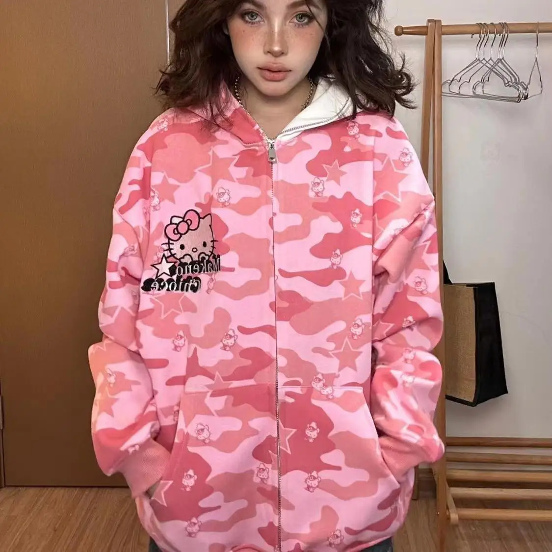 Sanrio Hello Kitty Y2K Jacket Zipper Cardigan Hoodie Camouflage Blouse Sweatshirts Autumn Long Sleeve Sweater Jacket for Female